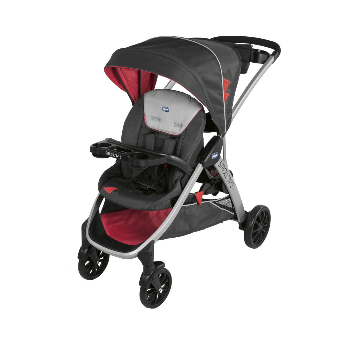 Carrinho de Bebê Passeio Chicco 4 Rodas 2 Posições Suporta Crianças de Até 15Kg Stroll'in 2 Preto e Vermelho