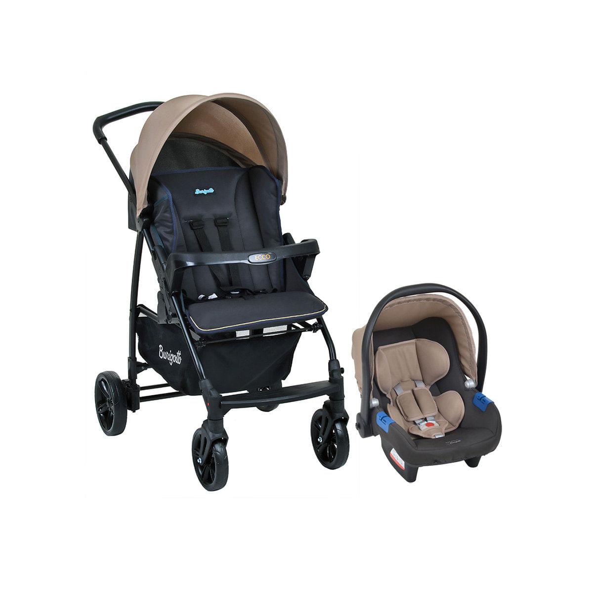 Carrinho de Bebê Travel System Burigotto 4 Rodas 4 Posições Suporta Crianças de Até 15Kg Ecco Cinza/Bege