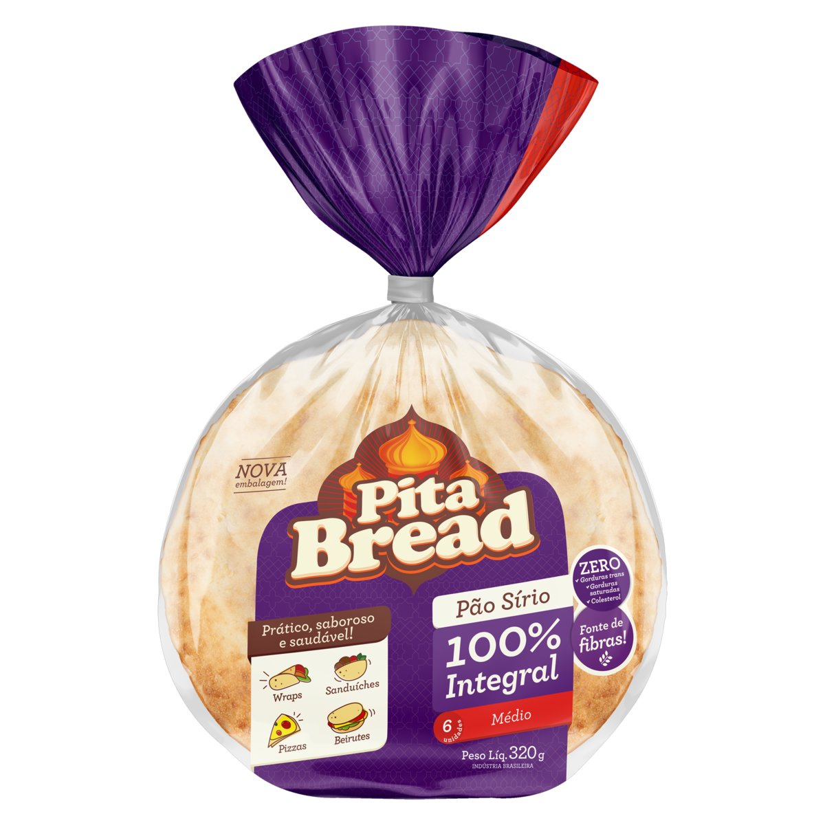 Pão Sírio Integral Médio Pita Bread 6 Unidades 320g