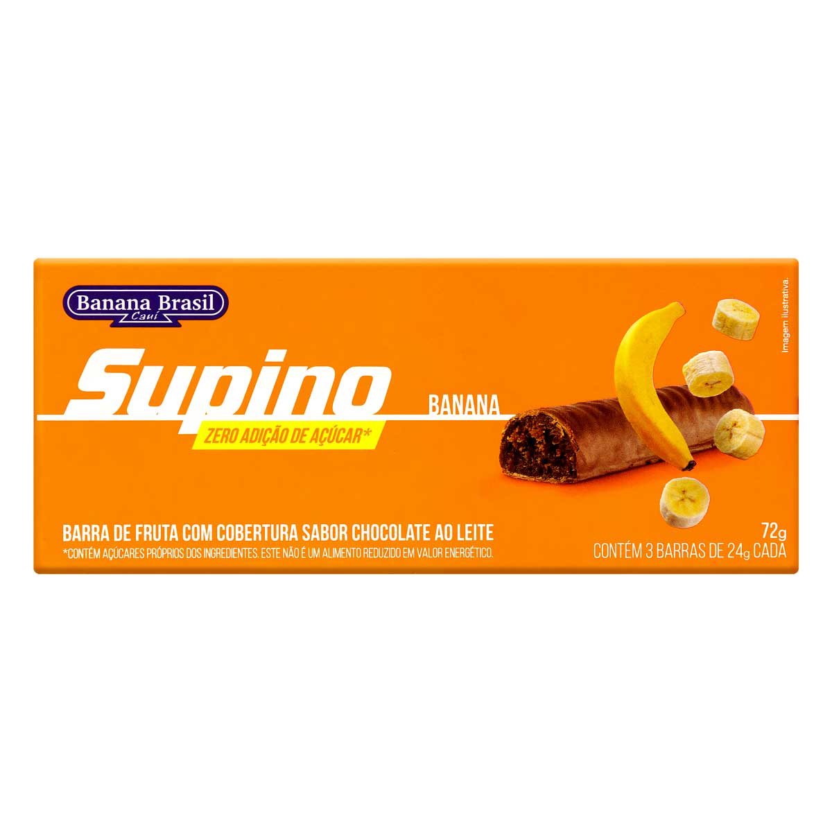 Barra de Frutas sem Açúcar Sabor Banana e Cobertura de Chocolate ao Leite Supino 72g Pack 3 Unidades