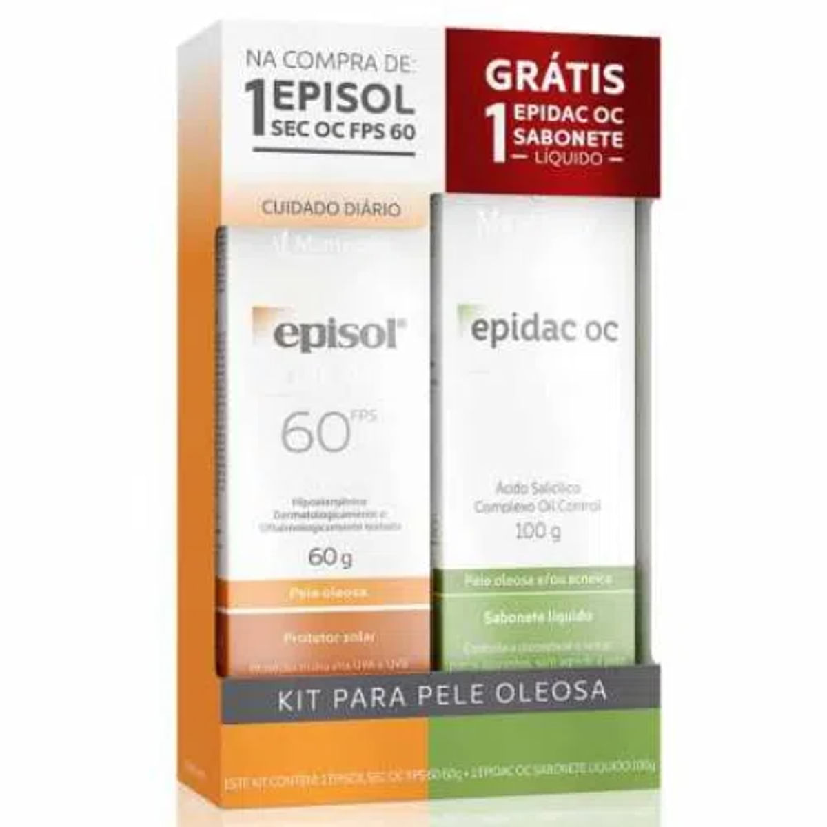 Kit Protetor Solar Facial FPS 60 Episol Sec 60 g + Sabonete Líquido Facial Epidac OC 100 g