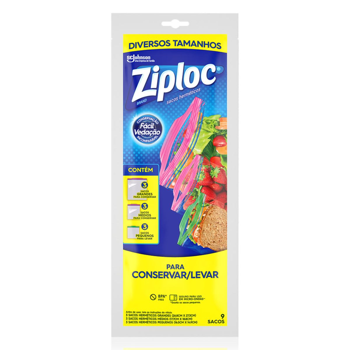 Saco Hermético Tamanhos Diversos para Conservar Ziploc com 9 Unidades