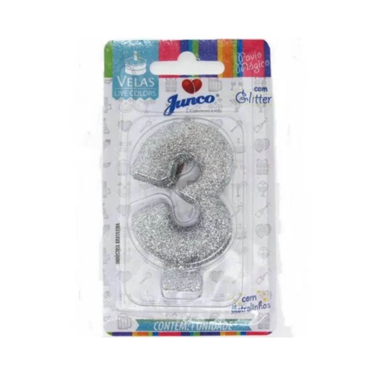 Vela de Aniversário Live Colors com Glitter Junco N.3 Prata Unidade